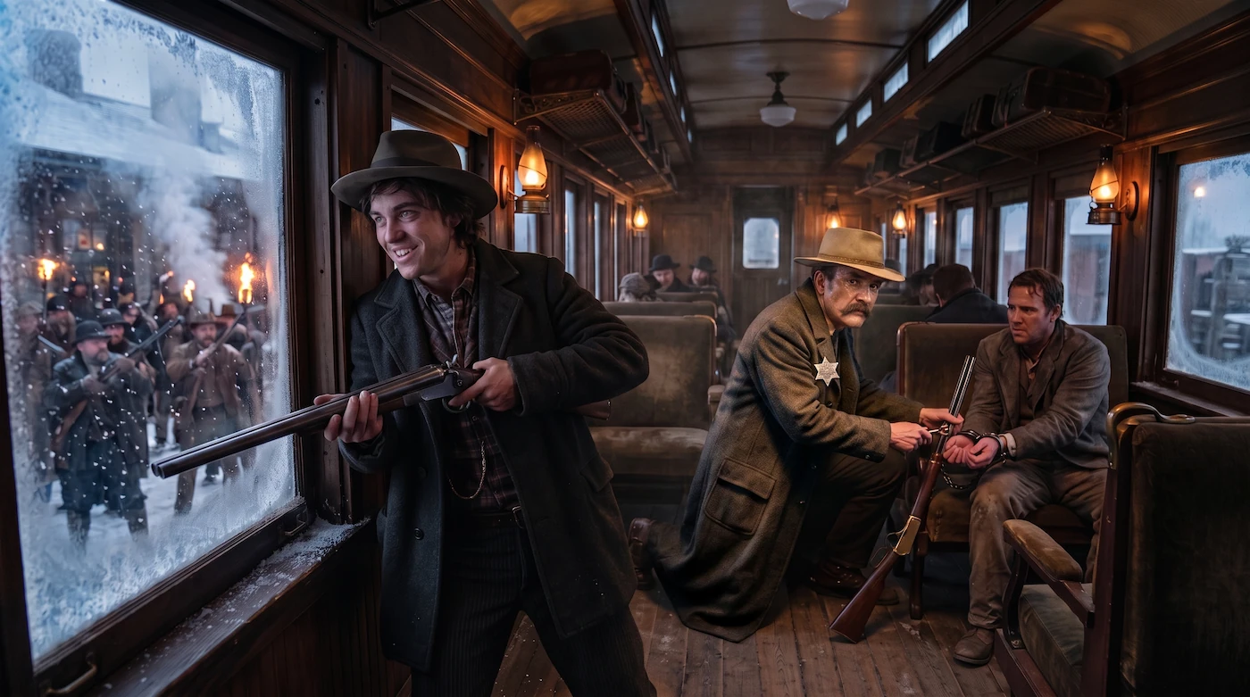 Pat Garrett Unchaining Outlaws while Billy the Kid Covers the Depot Windows