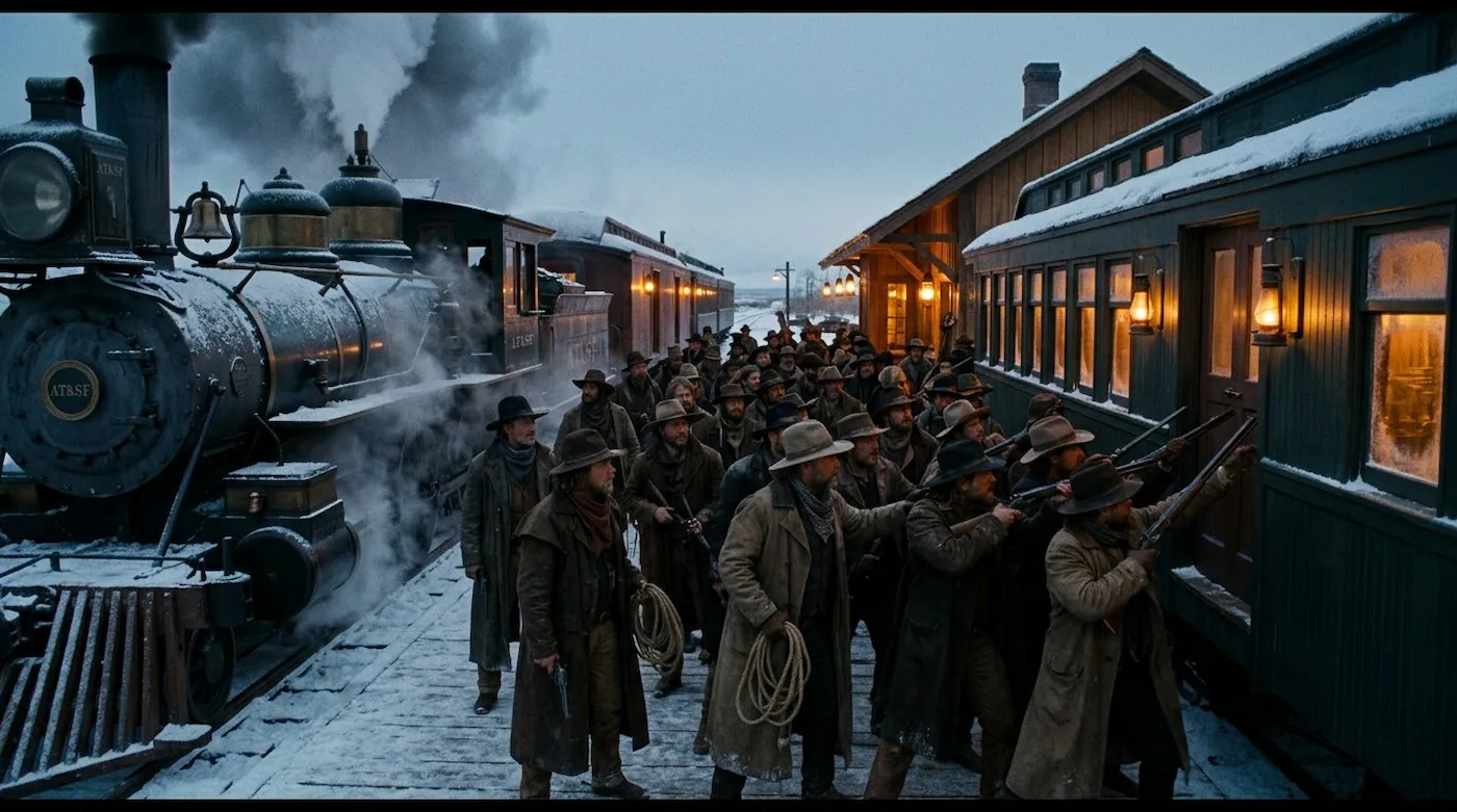 Vigilance Committee Surrounds AT&SF Train Depot in Las Vegas NM (1879)