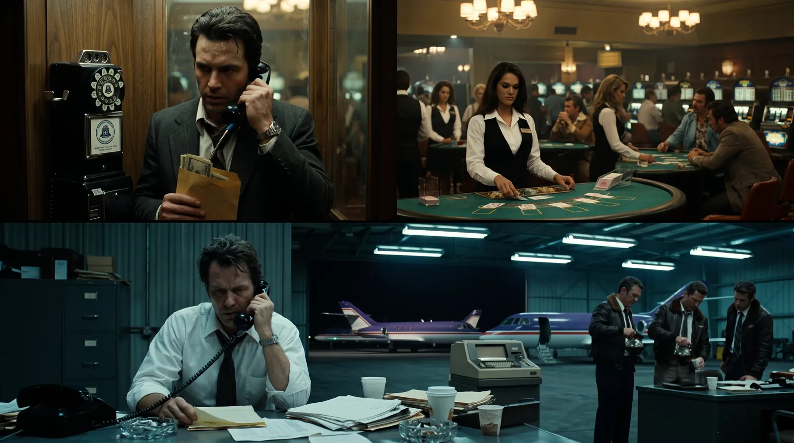 Concept art: Fred Smith on a casino pay phone with an envelope of cash, a blackjack dealer at the Las Vegas tables, and a late-night call from the Federal Express hangar as pilots wait beside the Falcon jets